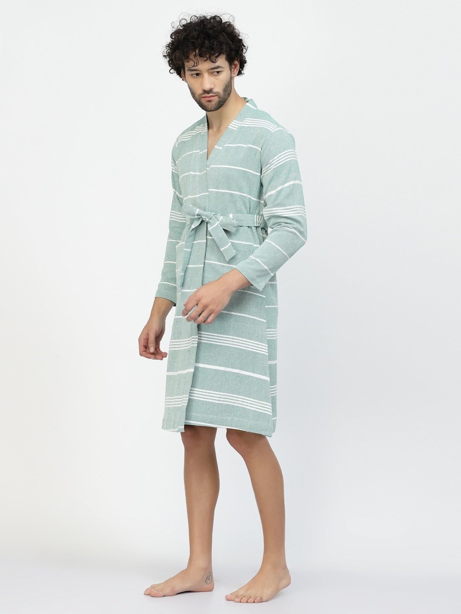 Klotthe Stripes Green & White 210 GSM Cotton Bath Robe with Belt