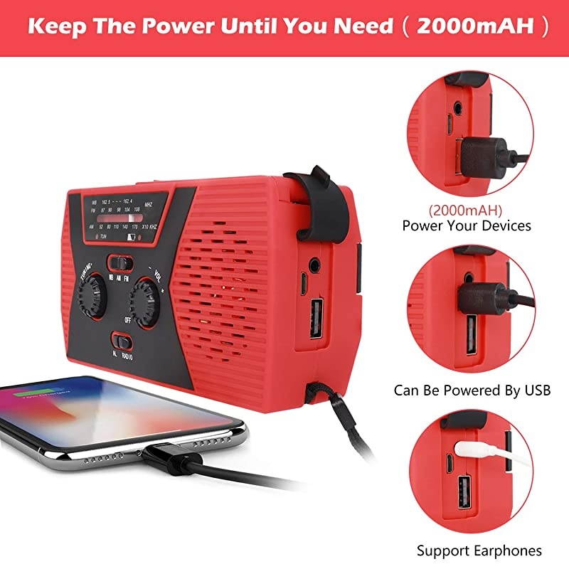2020 Upgraded Emergency Solar Hand Crank Radio,  Hand Crank AM/FM/NOAA Weather Radio with Flashlight, Reading Lamp, 2000mAh Power Bank,USB Cell Phone Charger and SOS Alarm