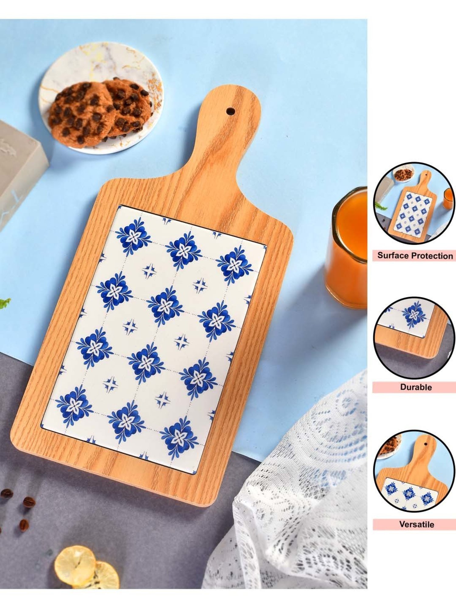 TAYHAA Blue & Brown Ceramic Appetizer Platter With Handle