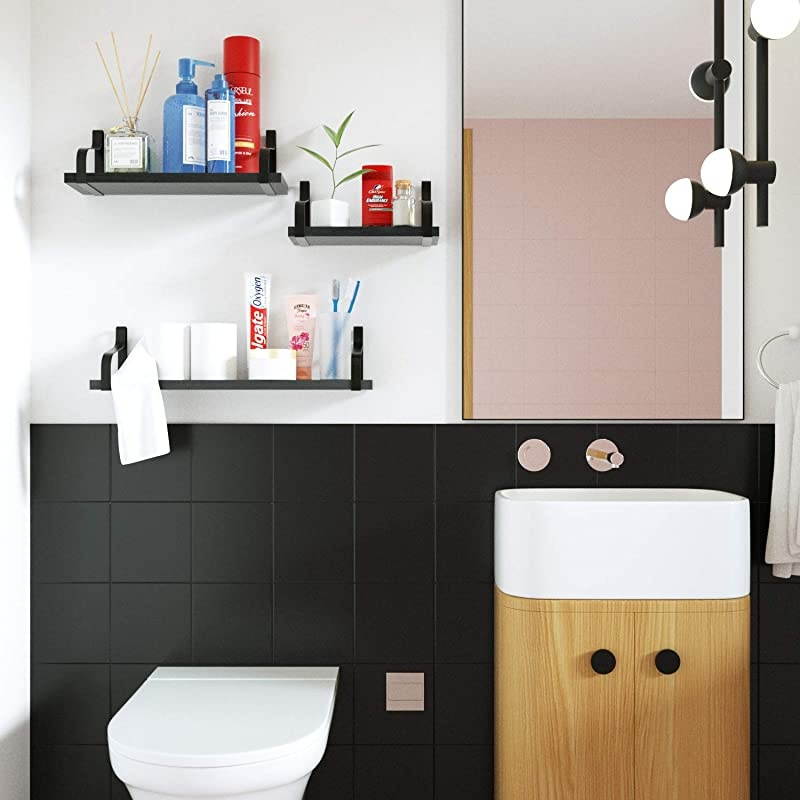 Floating Shelves Wall Mounted Rustic Wood Wall Shelves Set of 3 for Bedroom Living Room Bathroom Kitchen Black