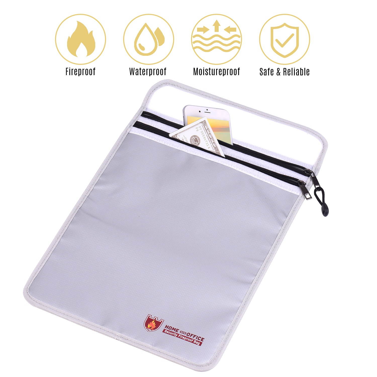 Double Zipper Fireproof Document Bag Pouch Organizer Silicone Coated Fire Water Resistant Safe Storage for Cash Documents Jewelry Passport