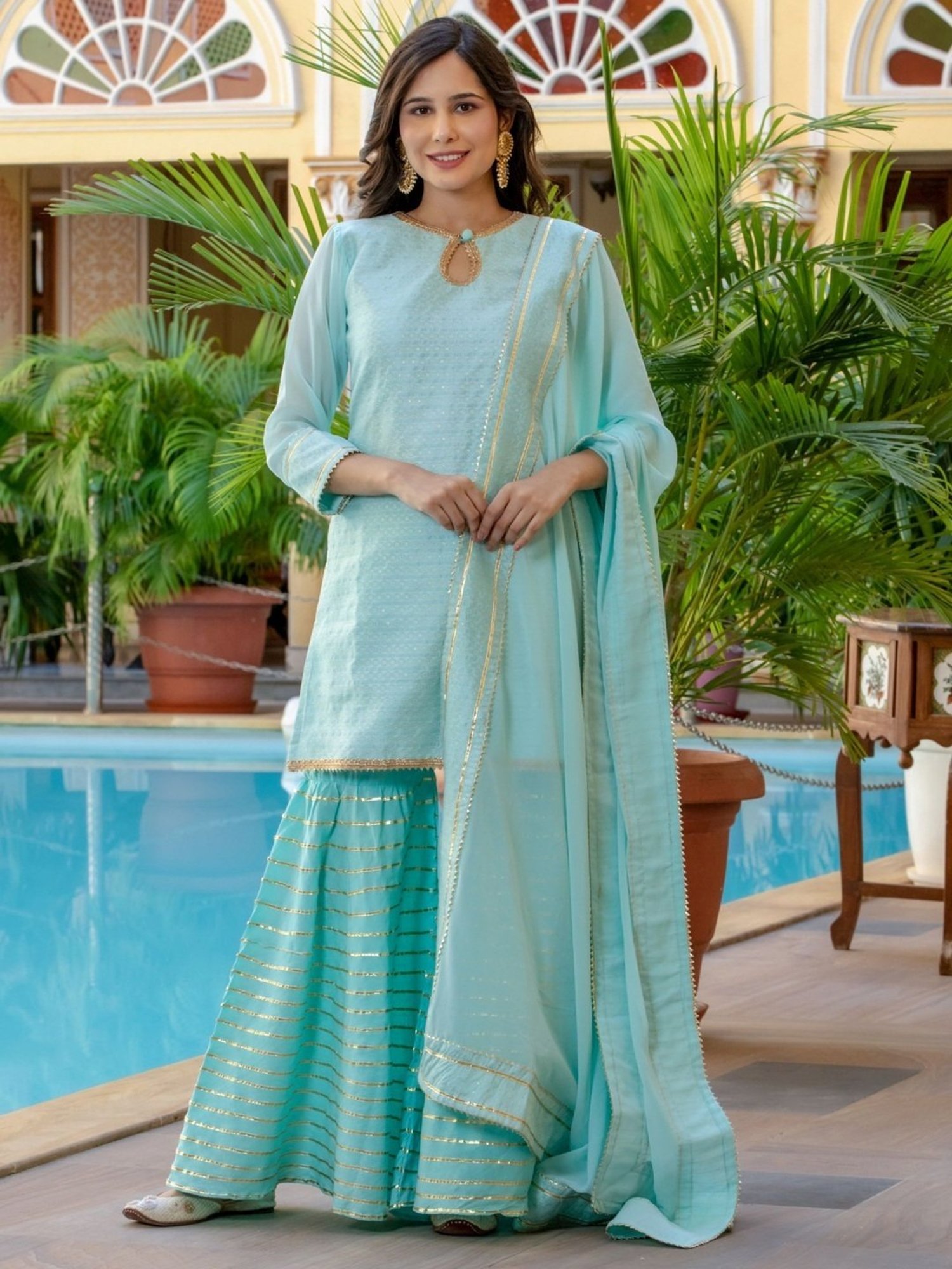 HOUSE OF JAMOTI Blue Woven Pattern Kurti Sharara Set With Dupatta