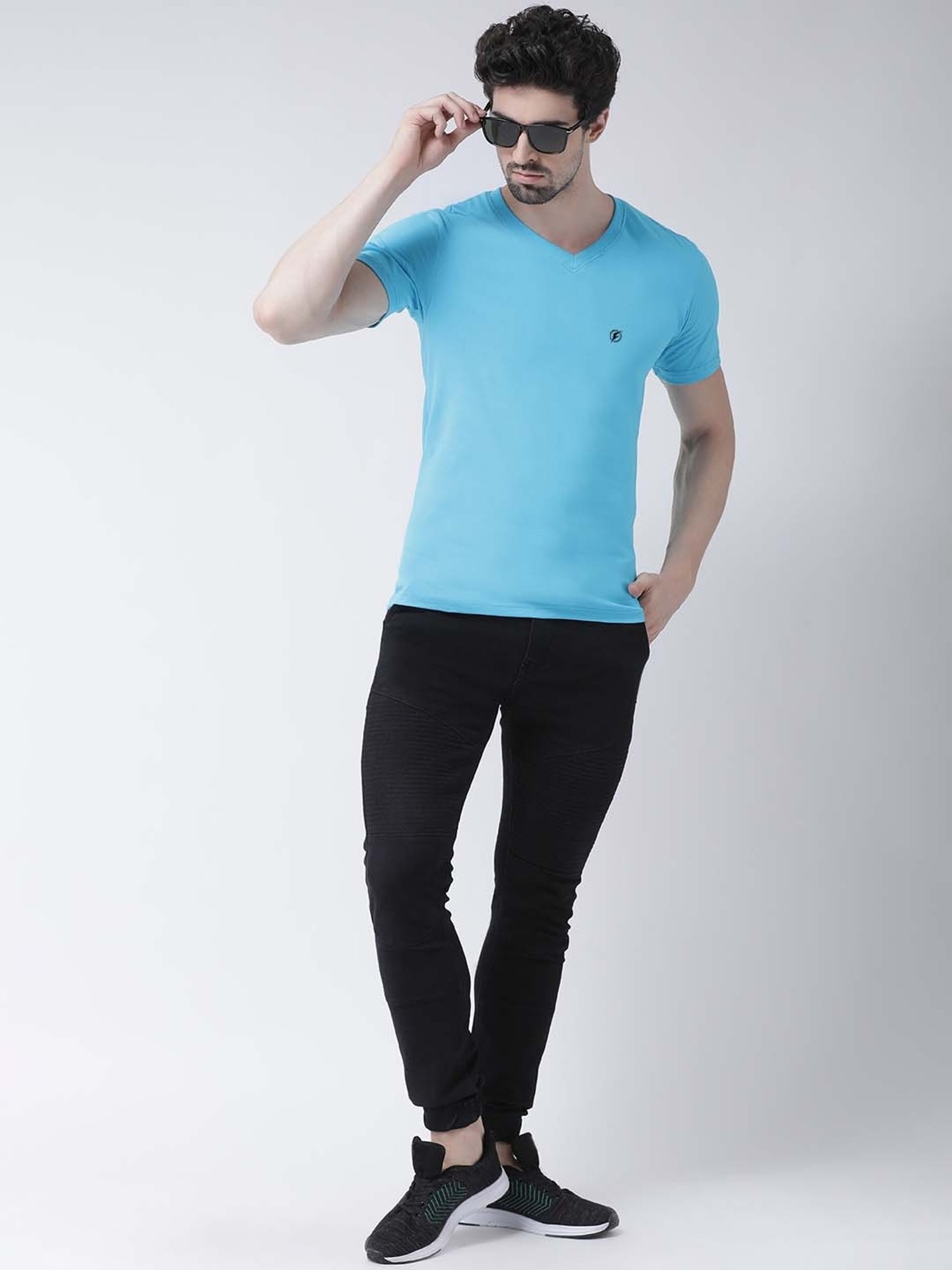 Friskers Grey & Turquiose Blue Cotton Slim Fit T-Shirt