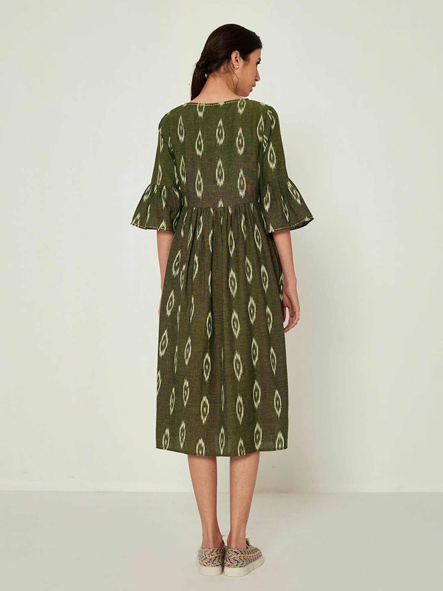 ANCESTRY Green Cotton Printed Midi Dress
