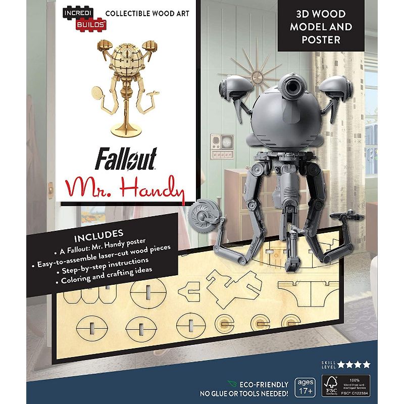 Incredibuilds Fallout Mr. Handy Poster & Wood Model Figure Kit