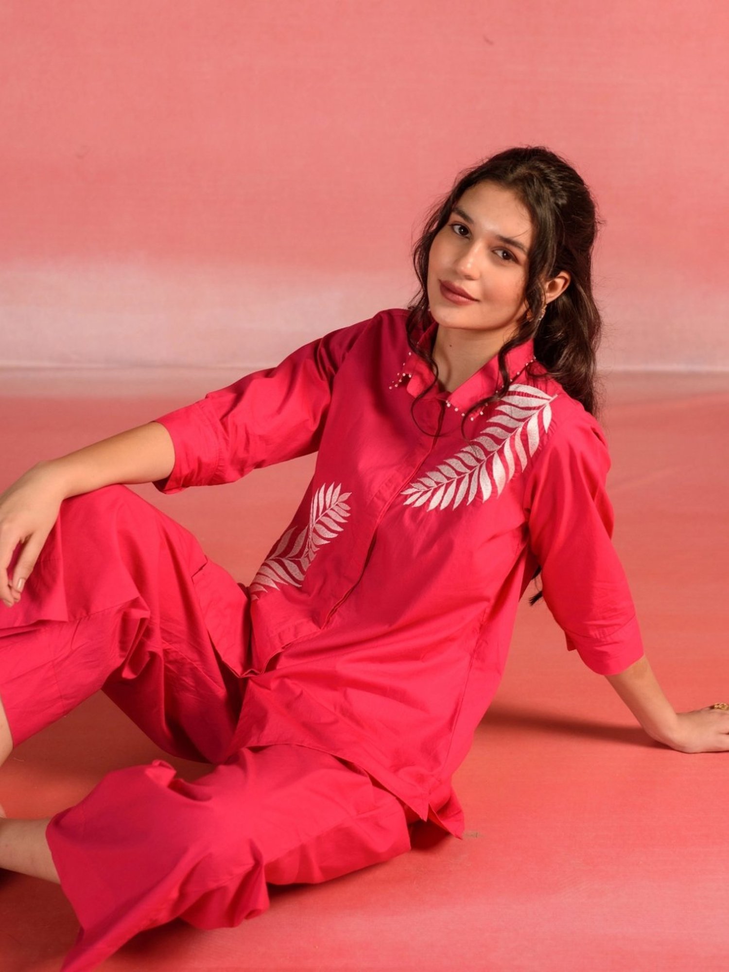 Kameez by Pooja Red Orange Embroidered Poplin Shirt with Pant Co-ord Set