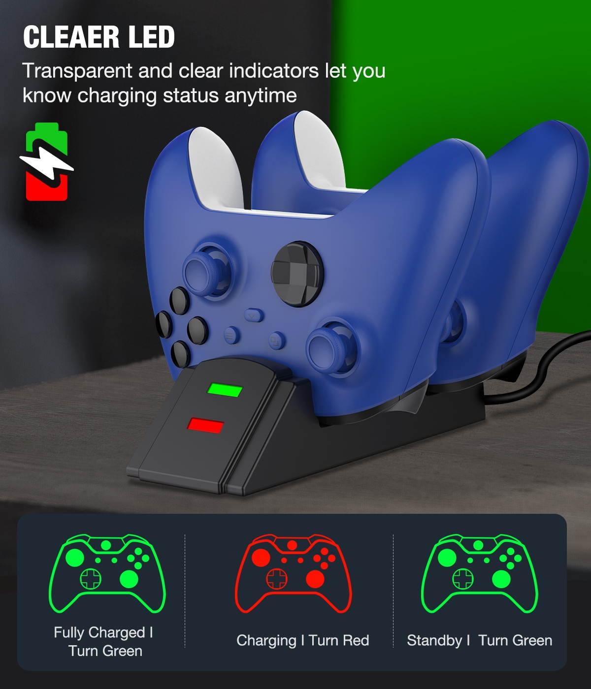 BEBONCOOL Xbox one controller charger,Controller Charger Station for Xbox One/One S/One X/One Elite/Series X|S with 2X 1200mAh Battery Pack