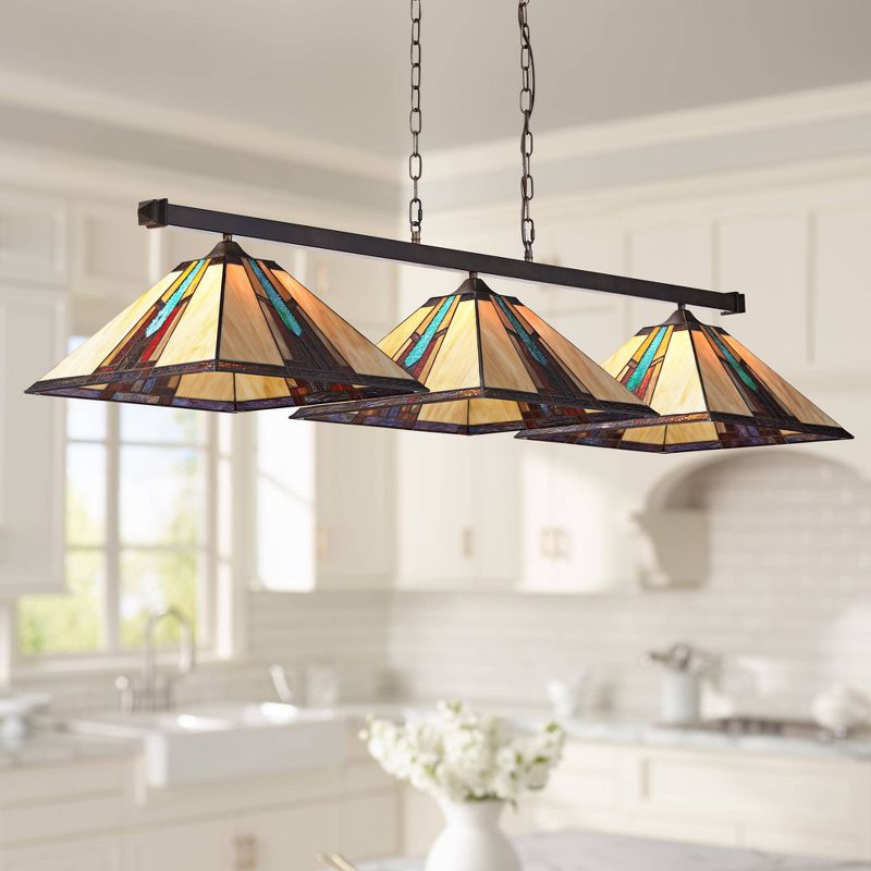 Robert Louis Tiffany Bronze Linear Island Pendant Chandelier 56" Wide Tiffany Style Ranier Art Glass 3-Light Fixture for Kitchen