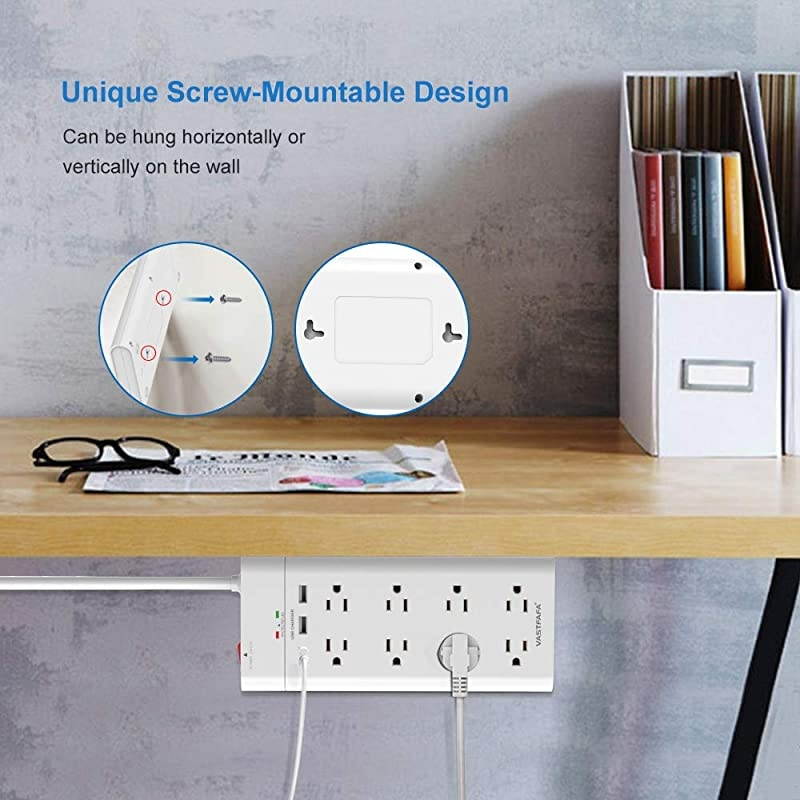 Power Strip with 3 USB Port,  Surge Protector 8-Outlet 4.5ft USB Charging Station, Wall Mount Heavy Duty Extension Cord, FCC ETL Listed, White