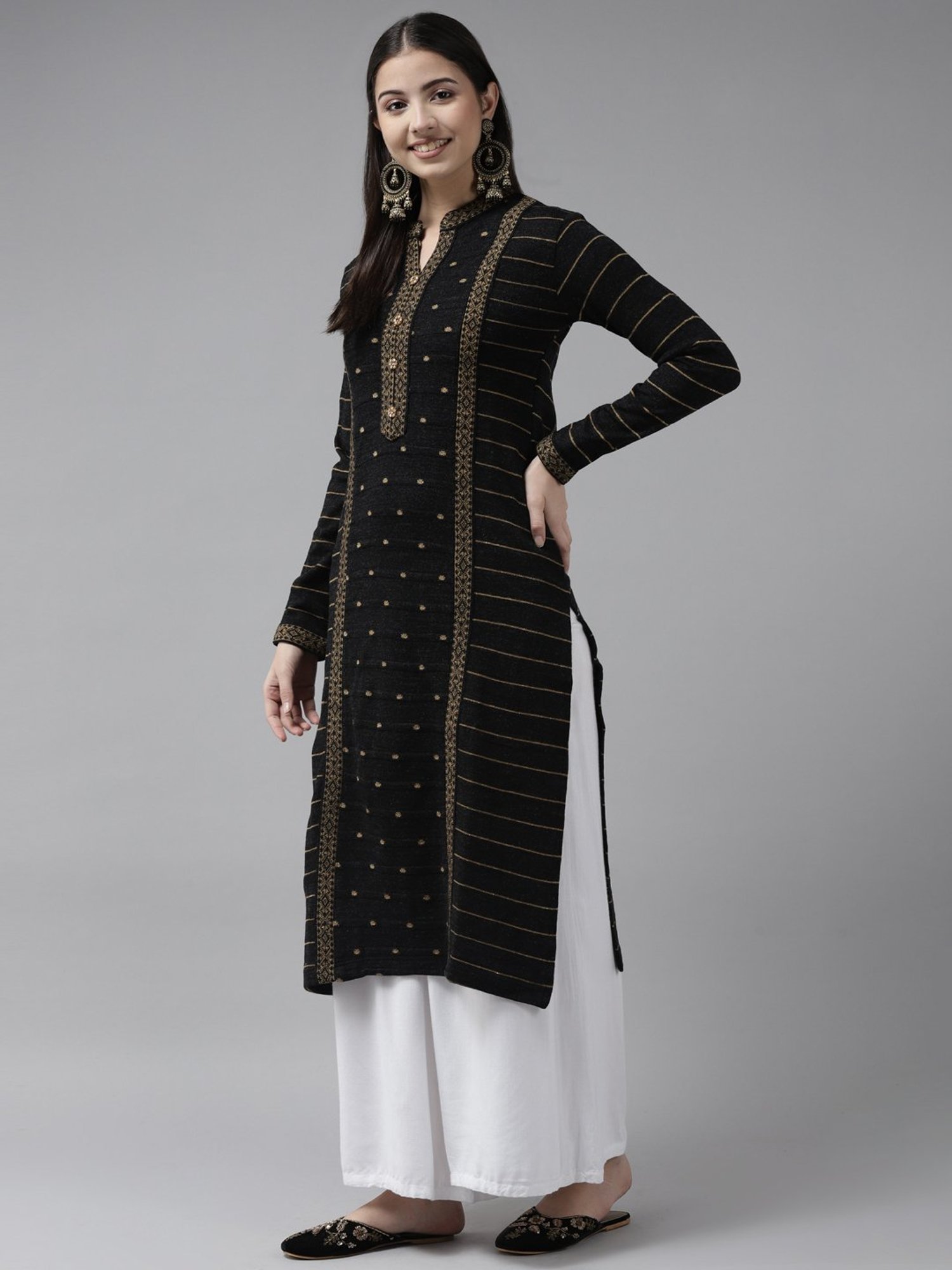 Cayman Black Wool Striped Straight Kurta