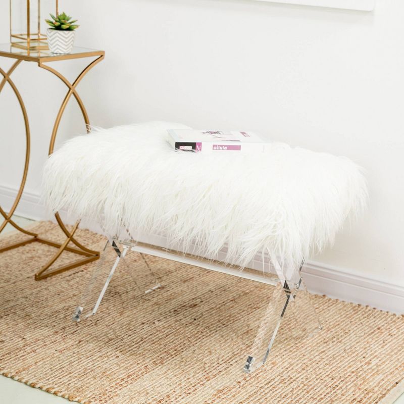 26" Faux Fur Upholstered Bench with Acrylic X Leg White - Glitzhome