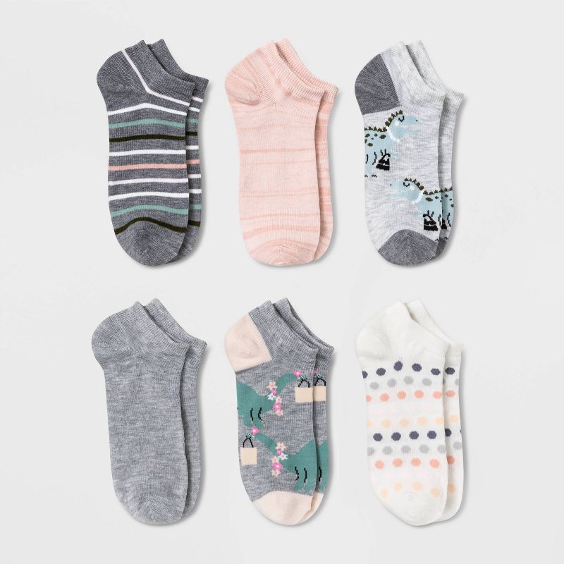 Women's Darling Dinosaurs 6pk Low Cut Socks - Xhilaration™ Heather Gray 4-10