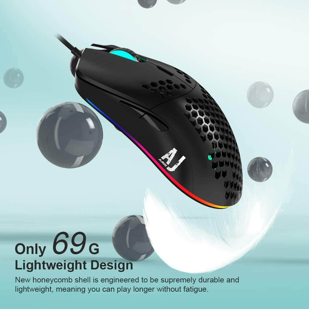 69G USB Wired Gaming Mouse with Lightweight Honeycomb Shell - RGB Chroma LED Light - Programmable 7 Buttons - Pixart 3338 16000 DPI Optical Sensor