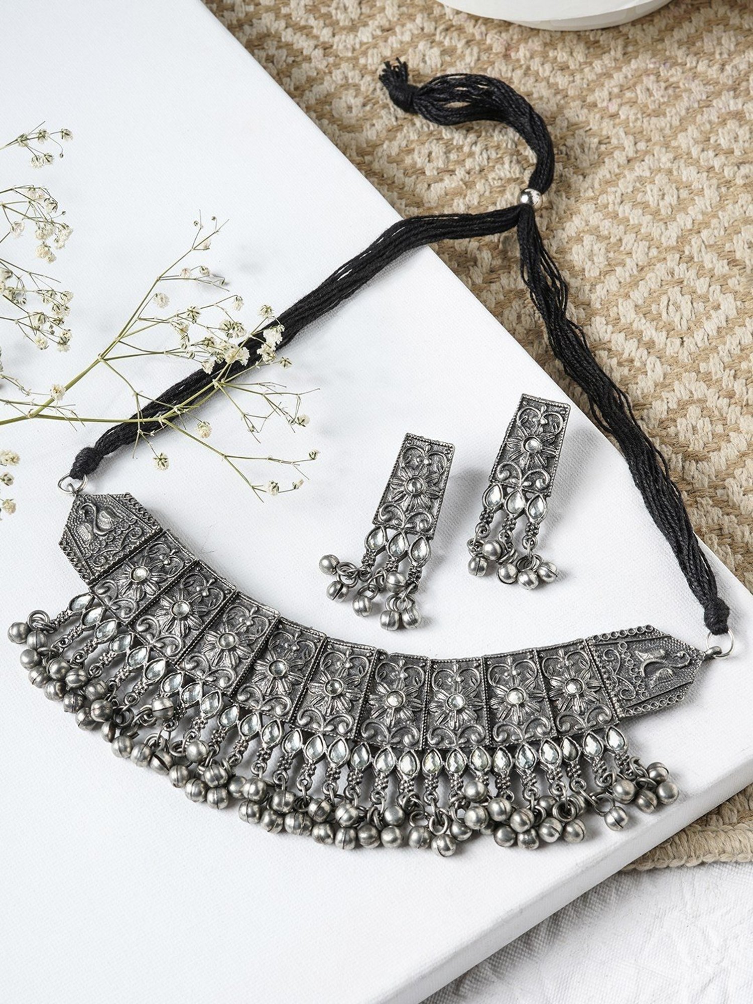Teejh Ethnic Aanchal Silver Oxidized Necklace Set for Women