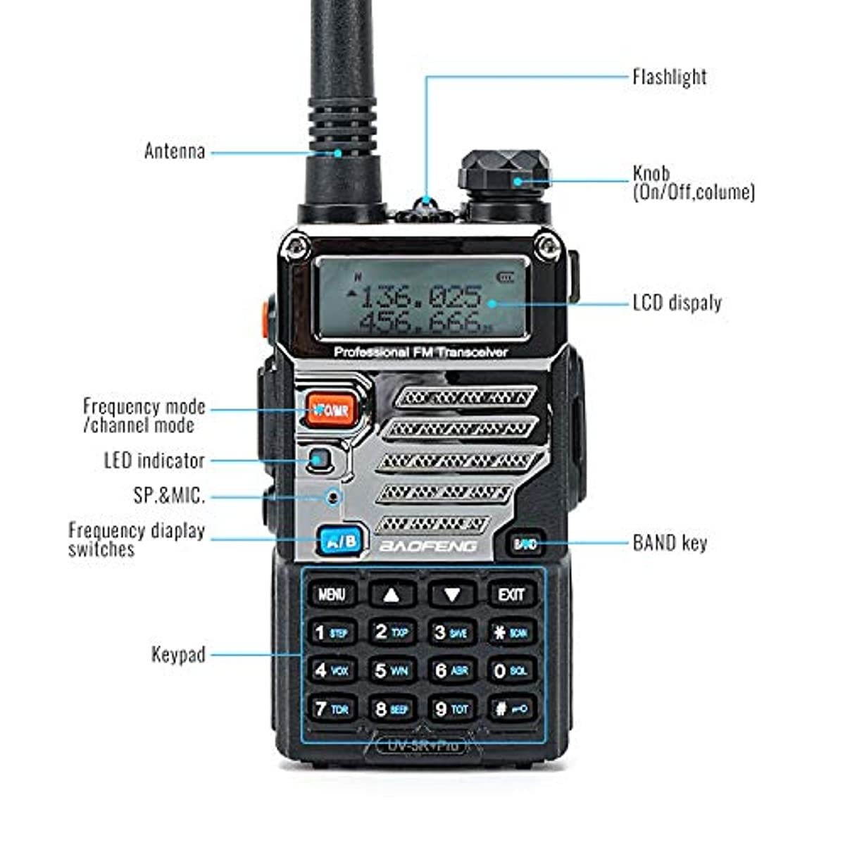 BaoFeng UV-5R Pro Dual Band Two Way Radio with one More 3800mAh Battery, Hand Mic, Acoustic Tube Surveillance Earphone, USB Programming Cable, NA-771 Antenna and SRH805S Antenna Radio
