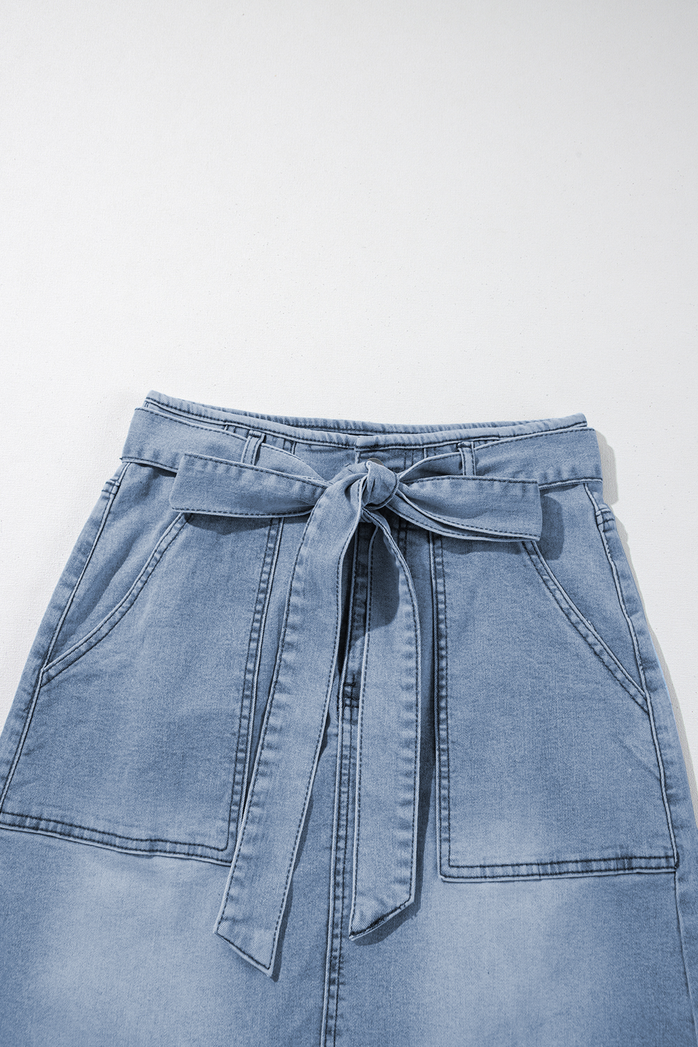 Dusk Blue Light Washed Belted High Waist Denim Skirt