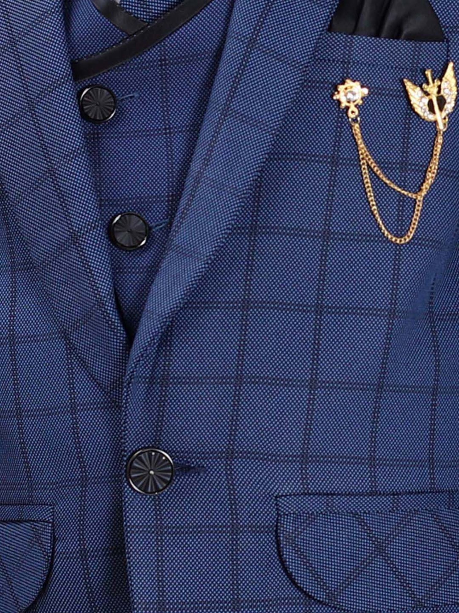 Fourfolds Boys Blue Checks Full Sleeves Suit Set