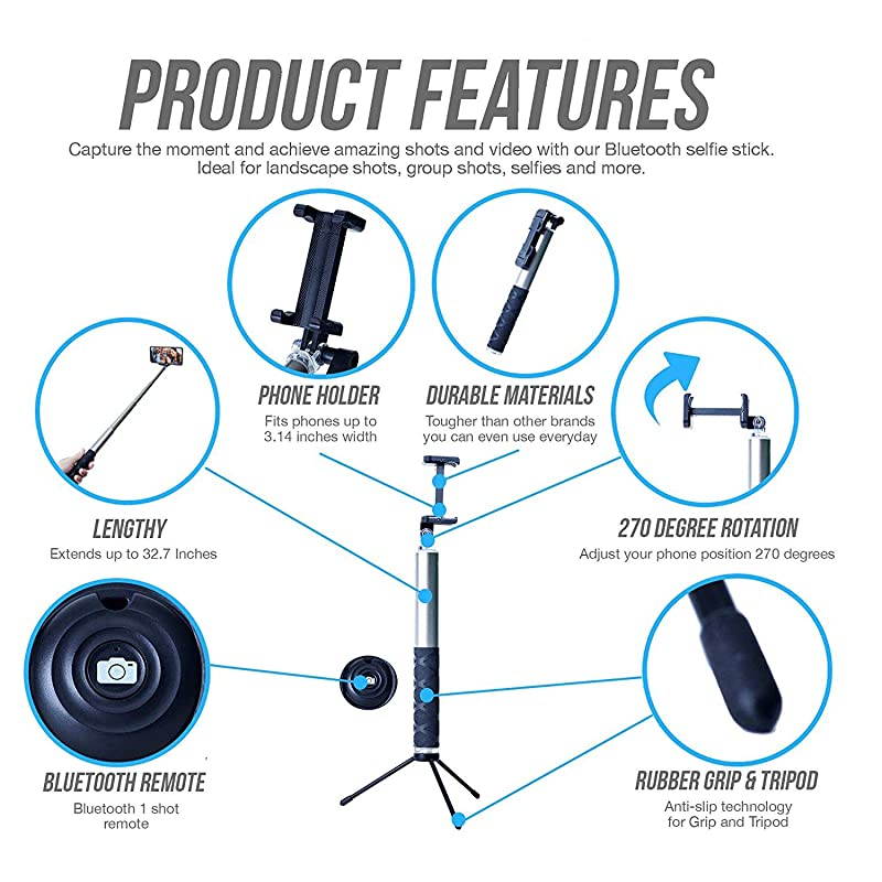 Bluetooth Selfie Stick Tripod with Remote Compatible with iPhone 6 6s and 7 plus Android Samsung Galaxy S7 S8 Plus Edge CompactExtendable Aluminum Monopod for Photo and Video Use Gray