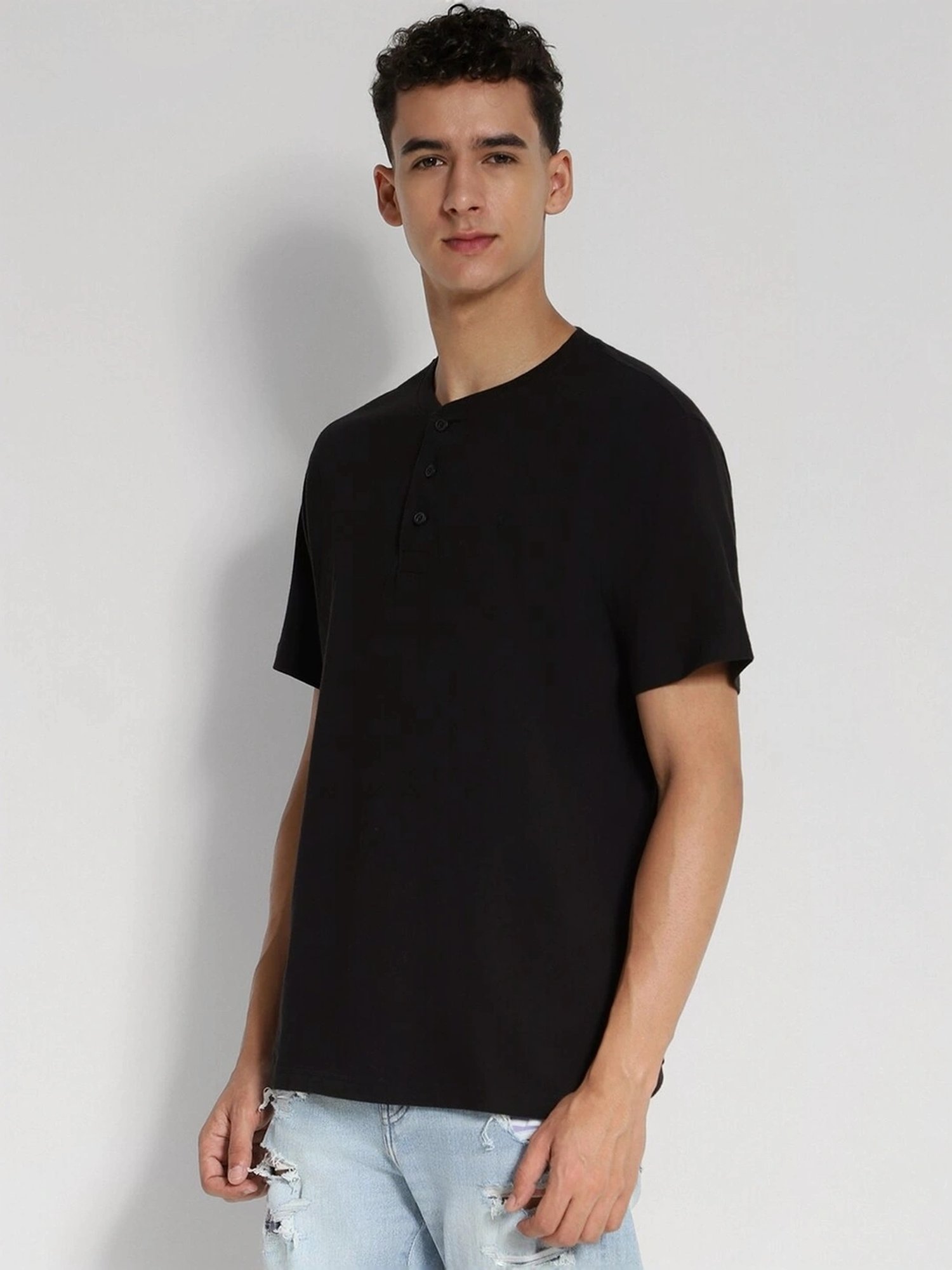 American Eagle Black Cotton Regular Fit Henley T-Shirt