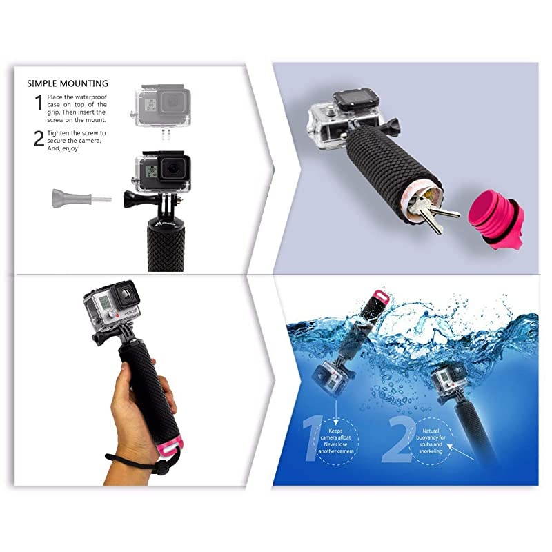 Floating Hand Grip Compatible with GoPro Hero 9 8 7 6 5 4 3+ 2 1 Session Black Silver Handler & Handle Mount Accessories Kit for Water Sport and Action Cameras (Rose Red)