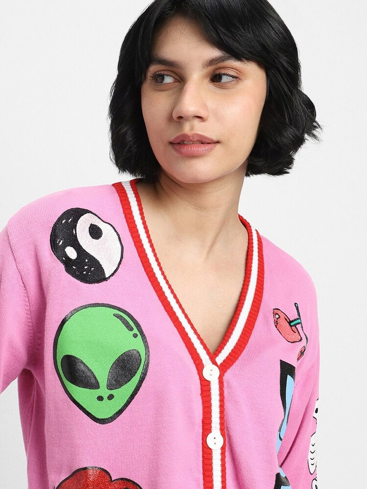 Forever 21 Pink Cotton Printed Cardigan