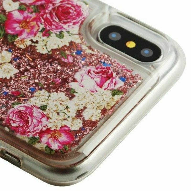 For  iPhone X/XS 10 Pink Roses Quicksand Glitter Hard TPU Hybrid Case Cover