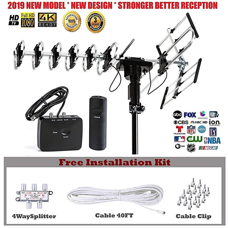 Outdoor HD TV Antenna 2019 Newest Model Up to 200 Miles Long Range with Motorized 360 Degree Rotation UHFVHFFM Radio with Infrared Remote Control Advanced Design Plus Installation Kit