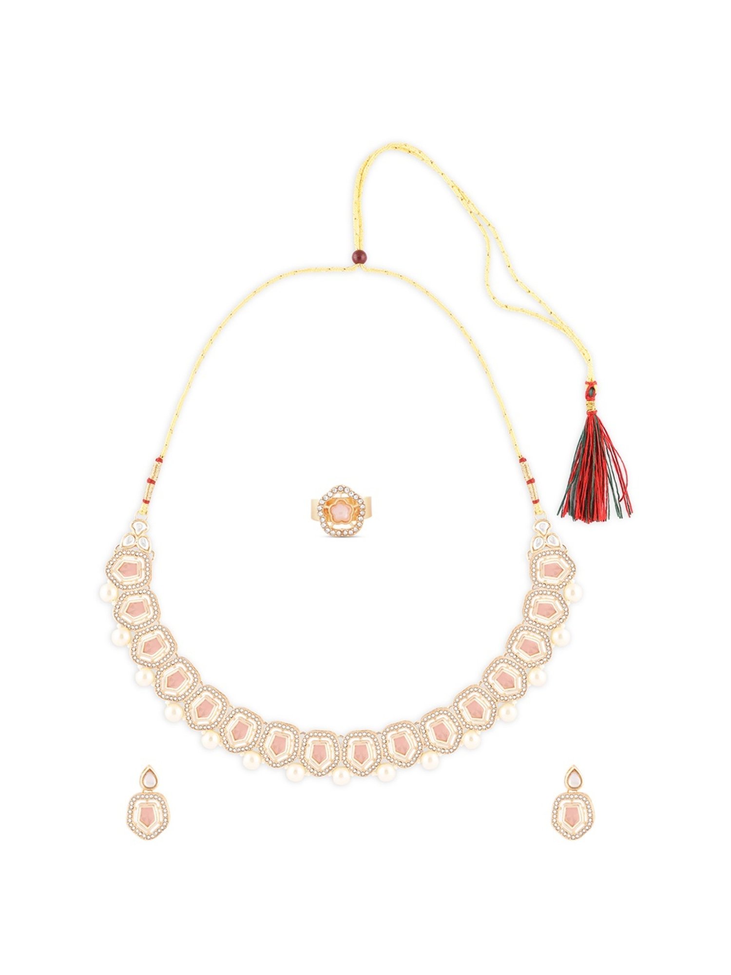 Zaveri Pearls Pink Stones Dazzling Austrian Diamonds Pearls Necklace Earring & Ring Set-ZPFK17286