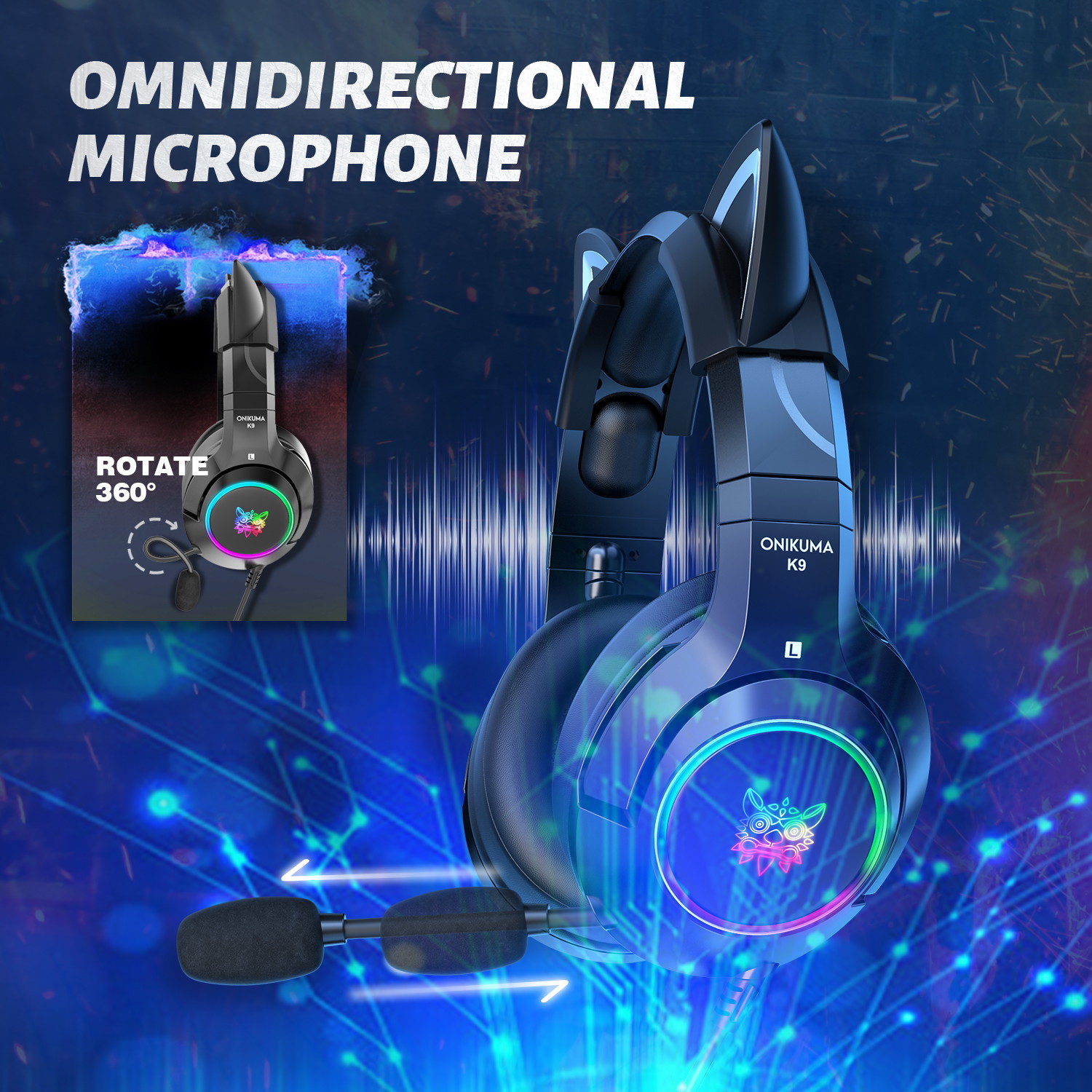 K9 Gaming Headset with Removable Cat Ears, for PS5, PS4, Nintendo Switch, PC, with Surround Sound, RGB LED Light & Noise Canceling Retractable Microphone