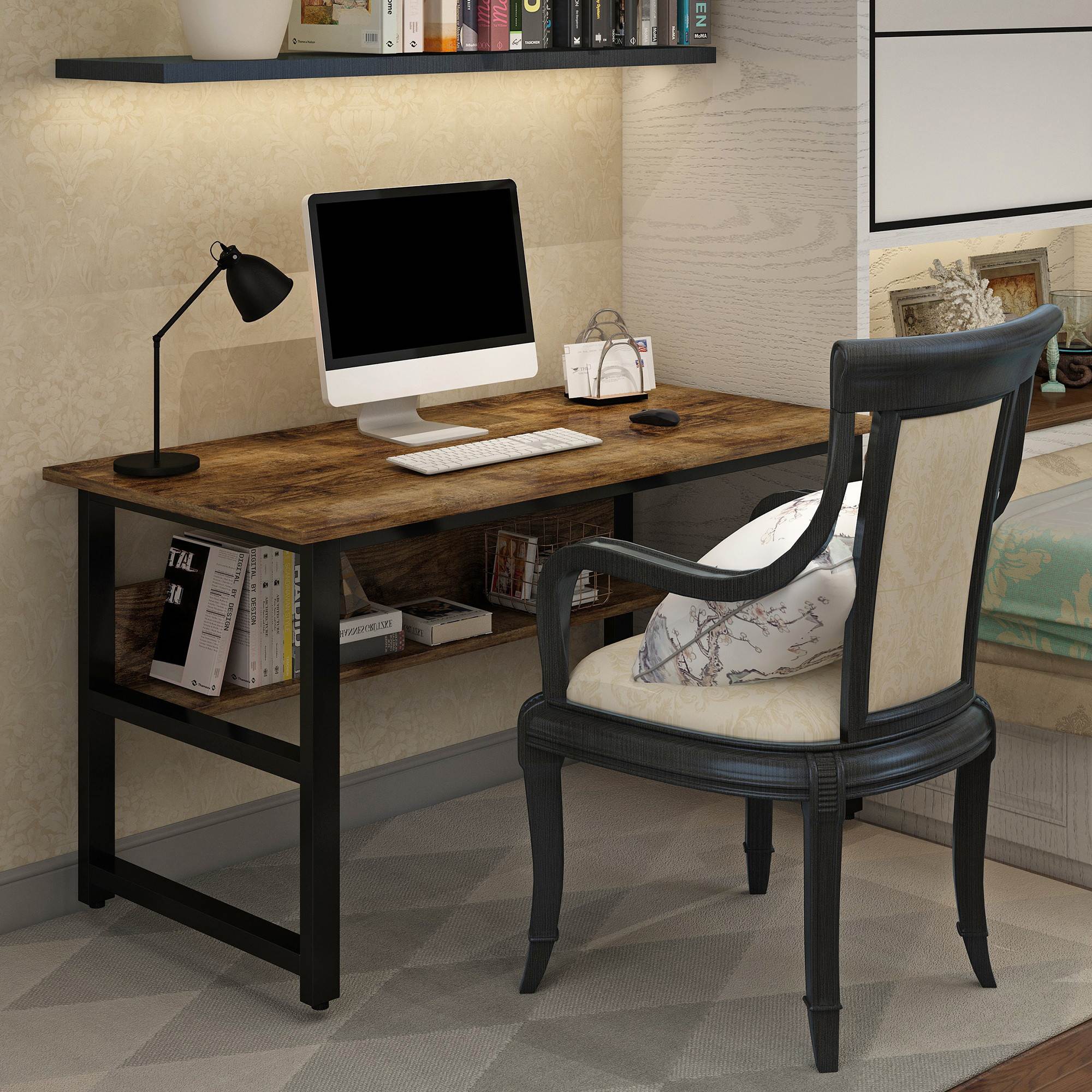 Gaming Desk Multi- Purpose in One Design Computer Desk Home Office Writing Desk with Black Metal Frame and Charcoal Wood Color