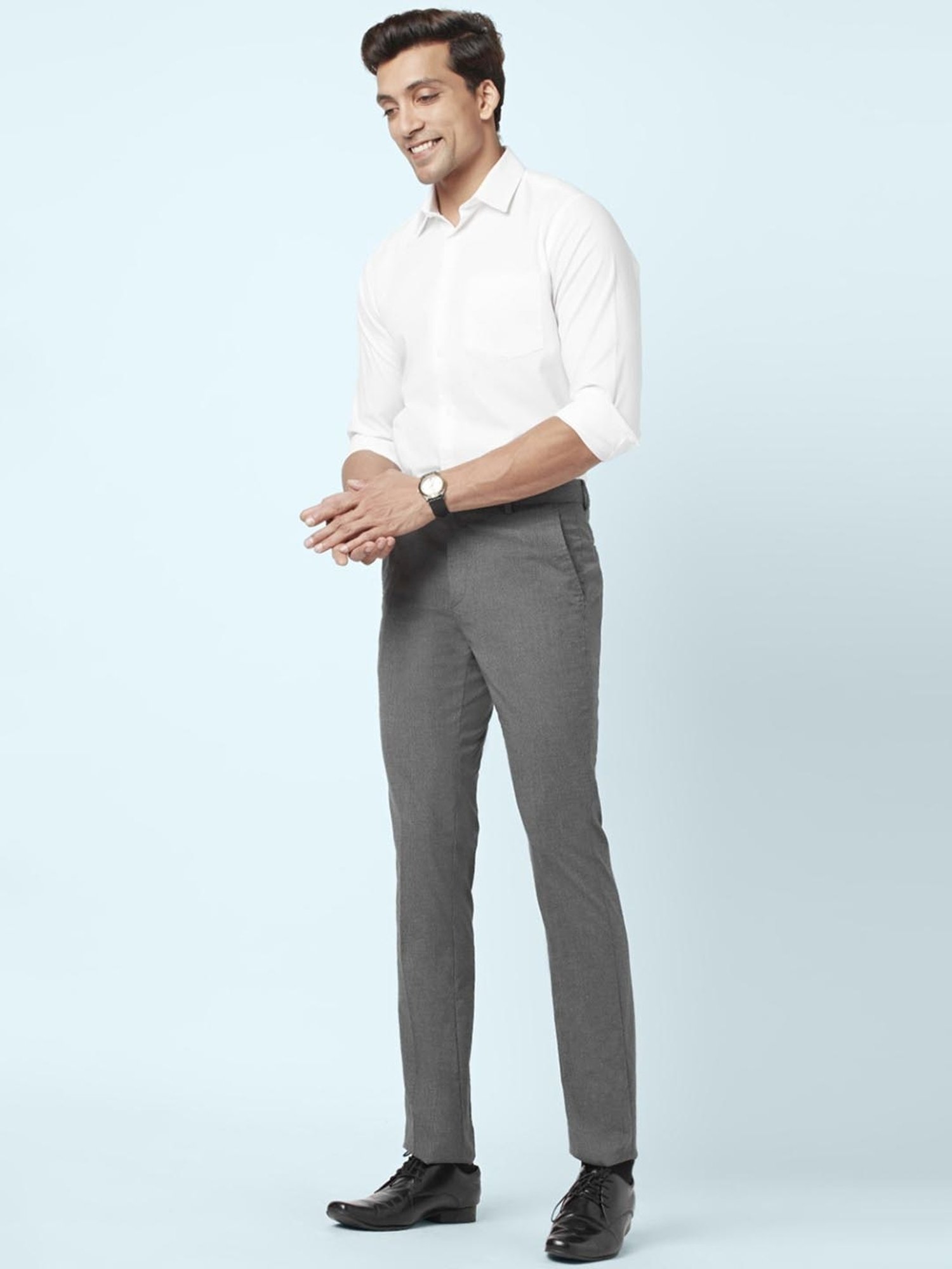 Byford By Pantaloons Grey Slim Fit Self Pattern Trousers