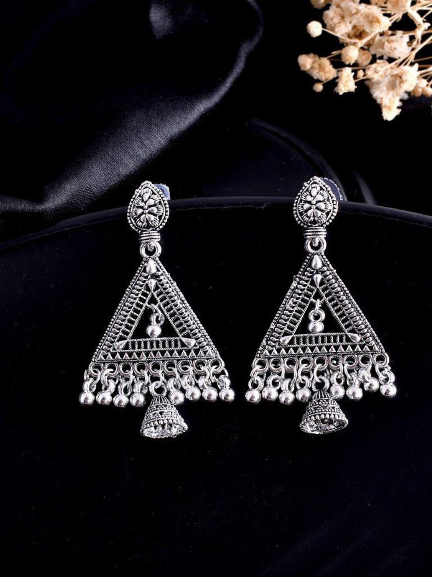 VOJ Studded Triangle Oxidised Silver Plated Contemporary Drop Earrings for Women