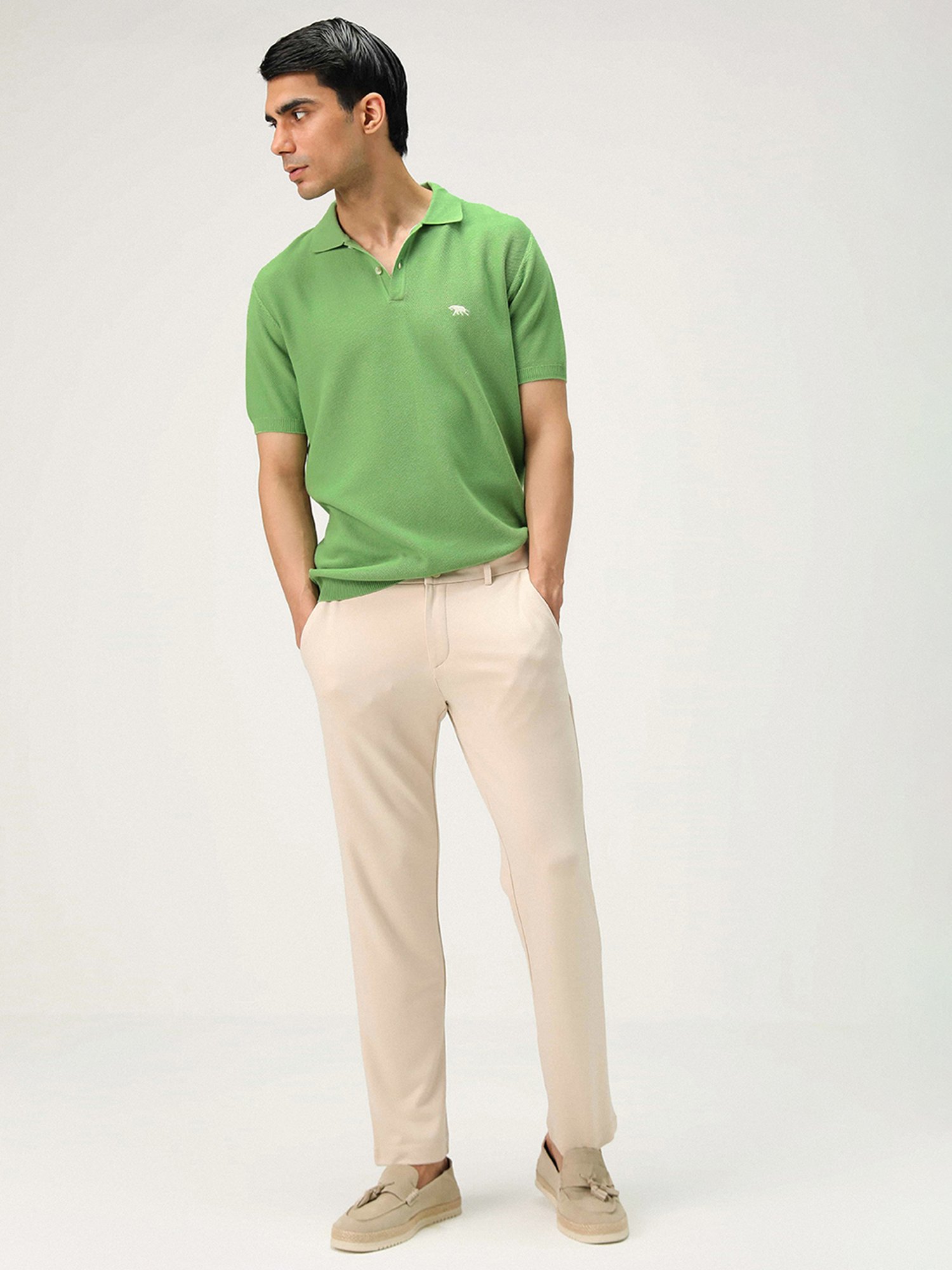 ANDAMEN Green Regular Fit Textured Polo T-Shirt