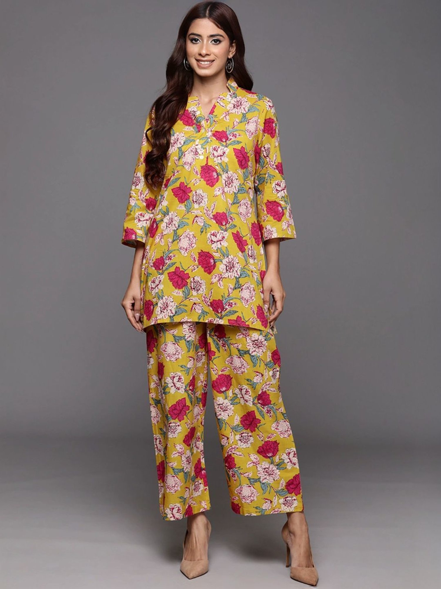 Varanga Yellow Cotton Floral Print Tunic Pant Set