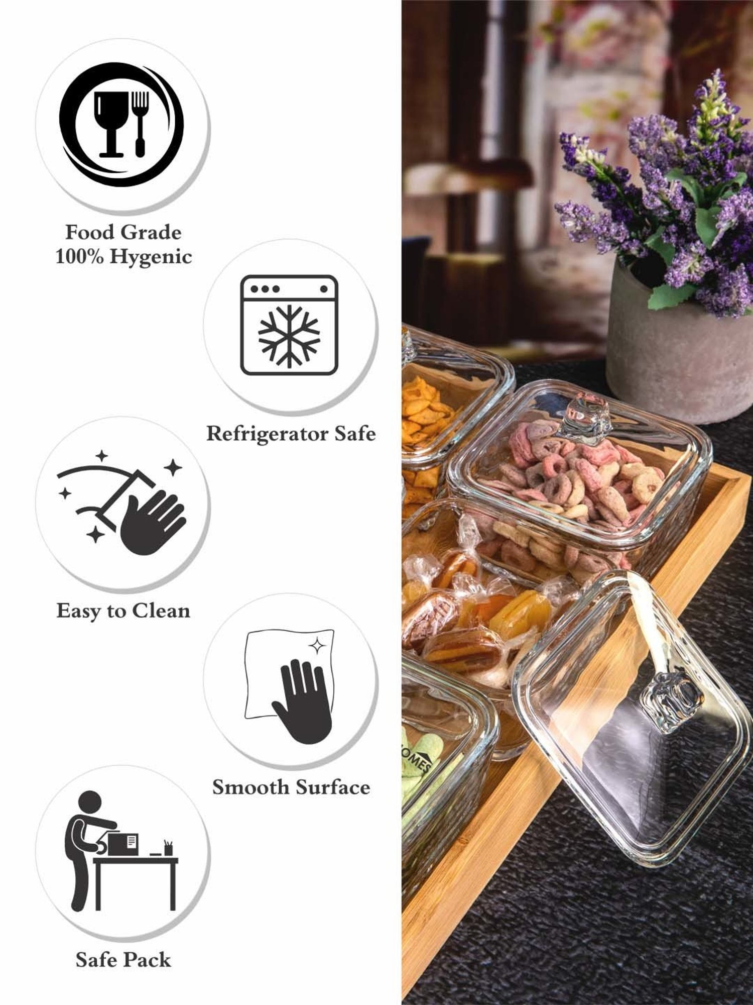 Goodhomes Transparent Glass Candy Bowls With Lid - Set of 6