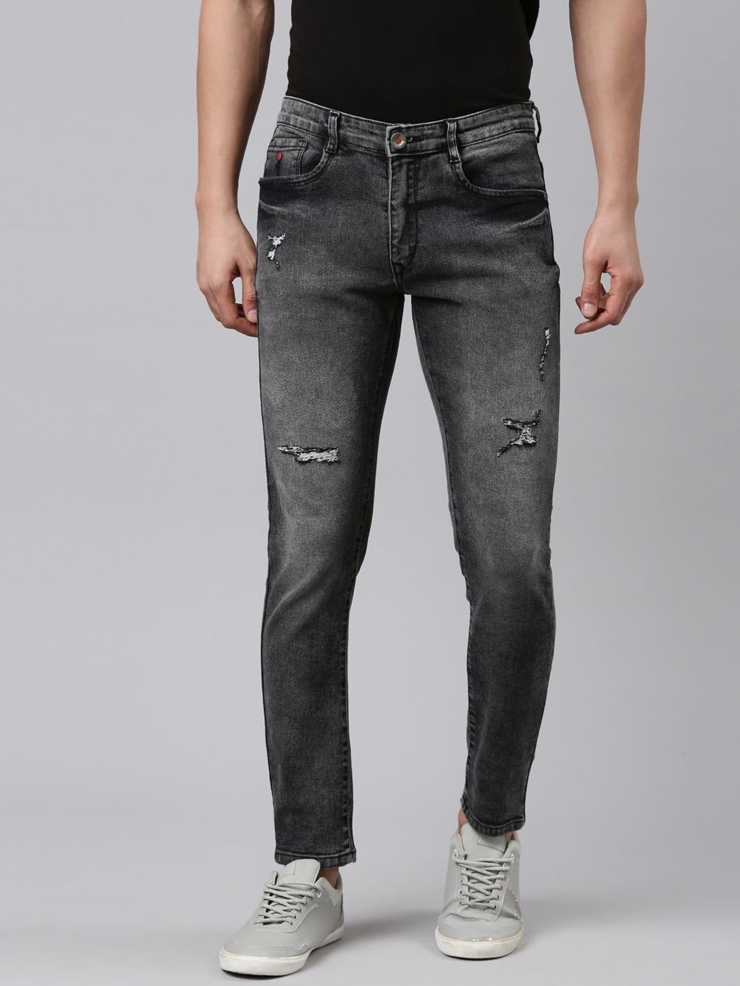 CINOCCI Black Cotton Slim Fit Distressed Jeans