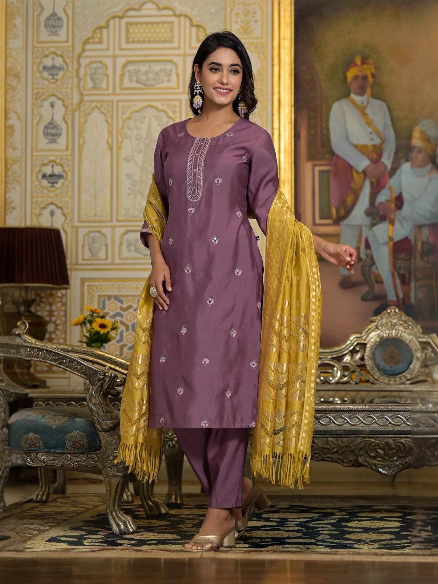 Juniper Purple Embroidered Kurta Pant Set With Dupatta