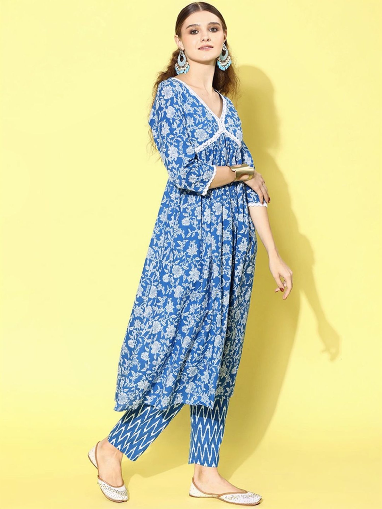 Stylum Blue Cotton Floral Print Kurta & Pant Set With Dupatta