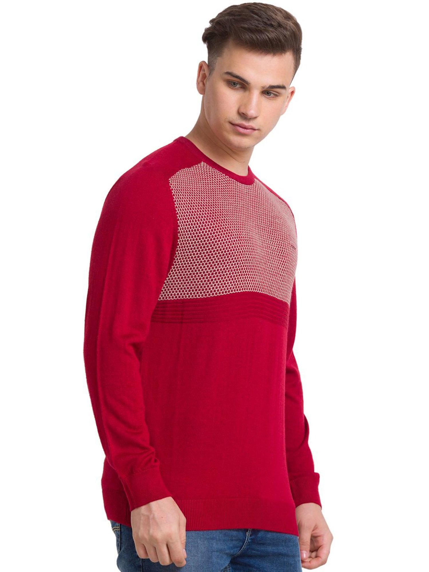 ColorPlus Red Tailored Fit Self Pattern Sweater