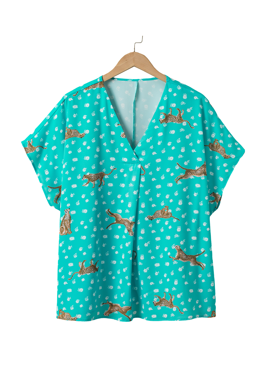 Green Cheetah Daisy Print V Neck Short Sleeve Plus Size Top