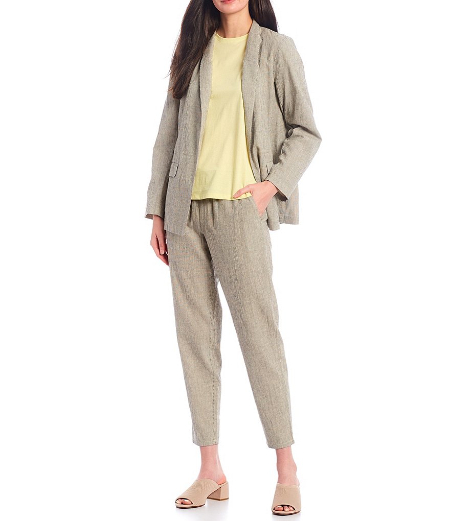 Eileen Fisher Petite Size Organic Cotton Linen Ticking Stripe High Collar Shaped Jacket