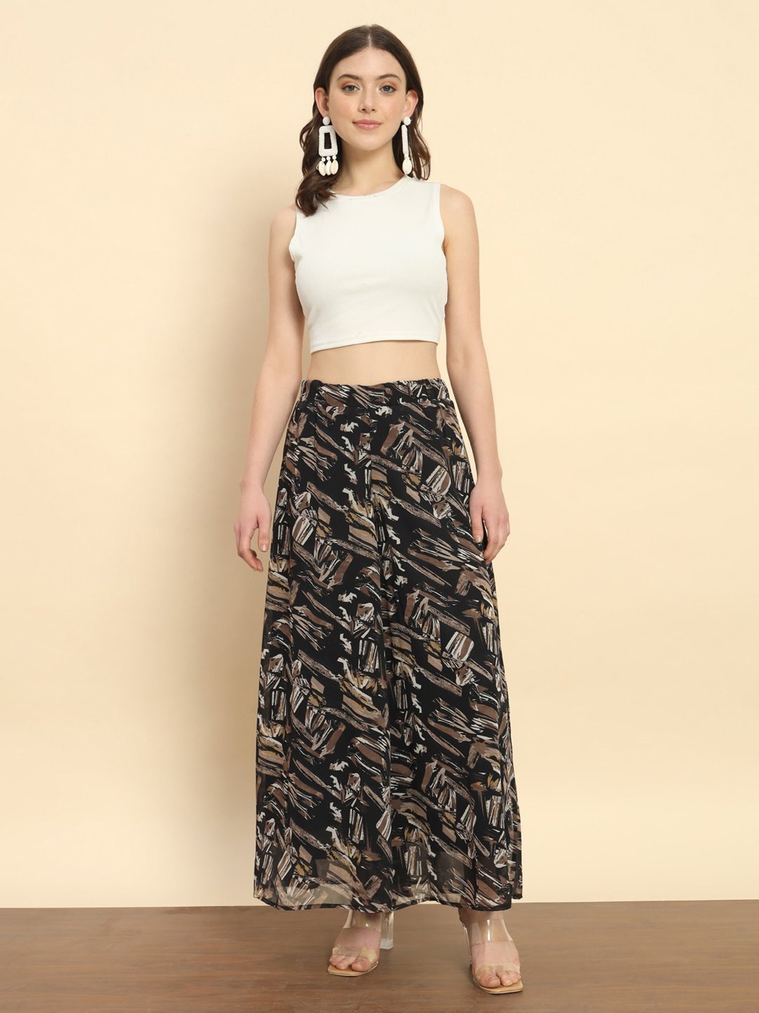 Trend Arrest Black Printed Flared Fit High Rise Palazzos