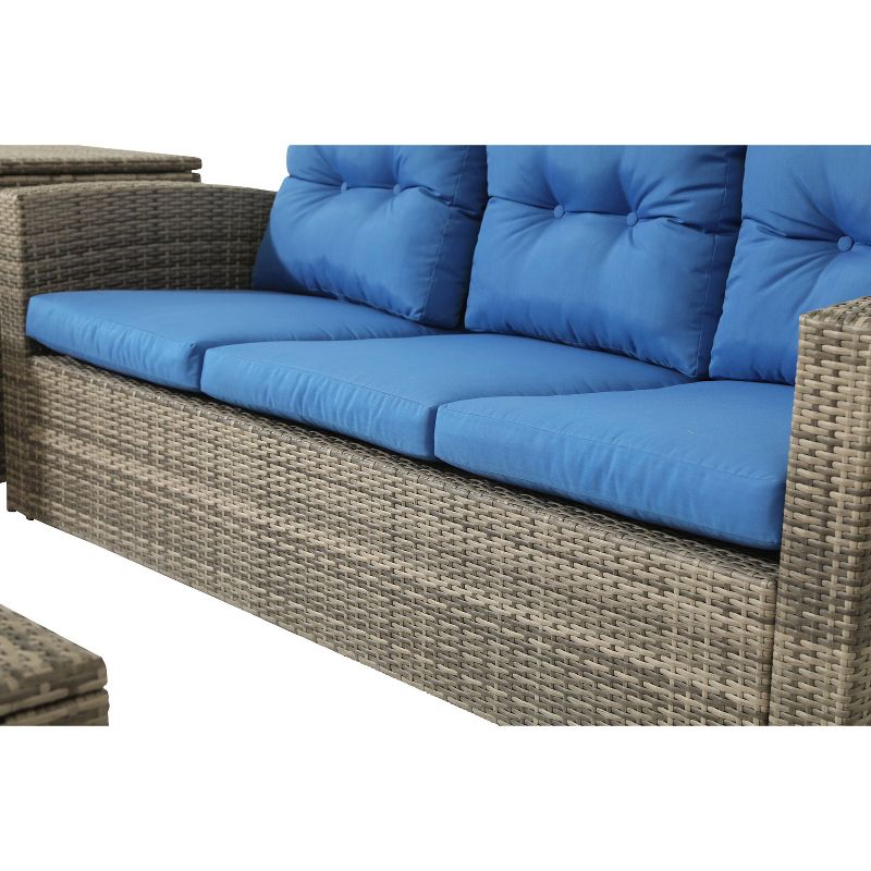 6pc Wicker Rattan Patio Sofa Set with Blue Cushions - Accent Furniture