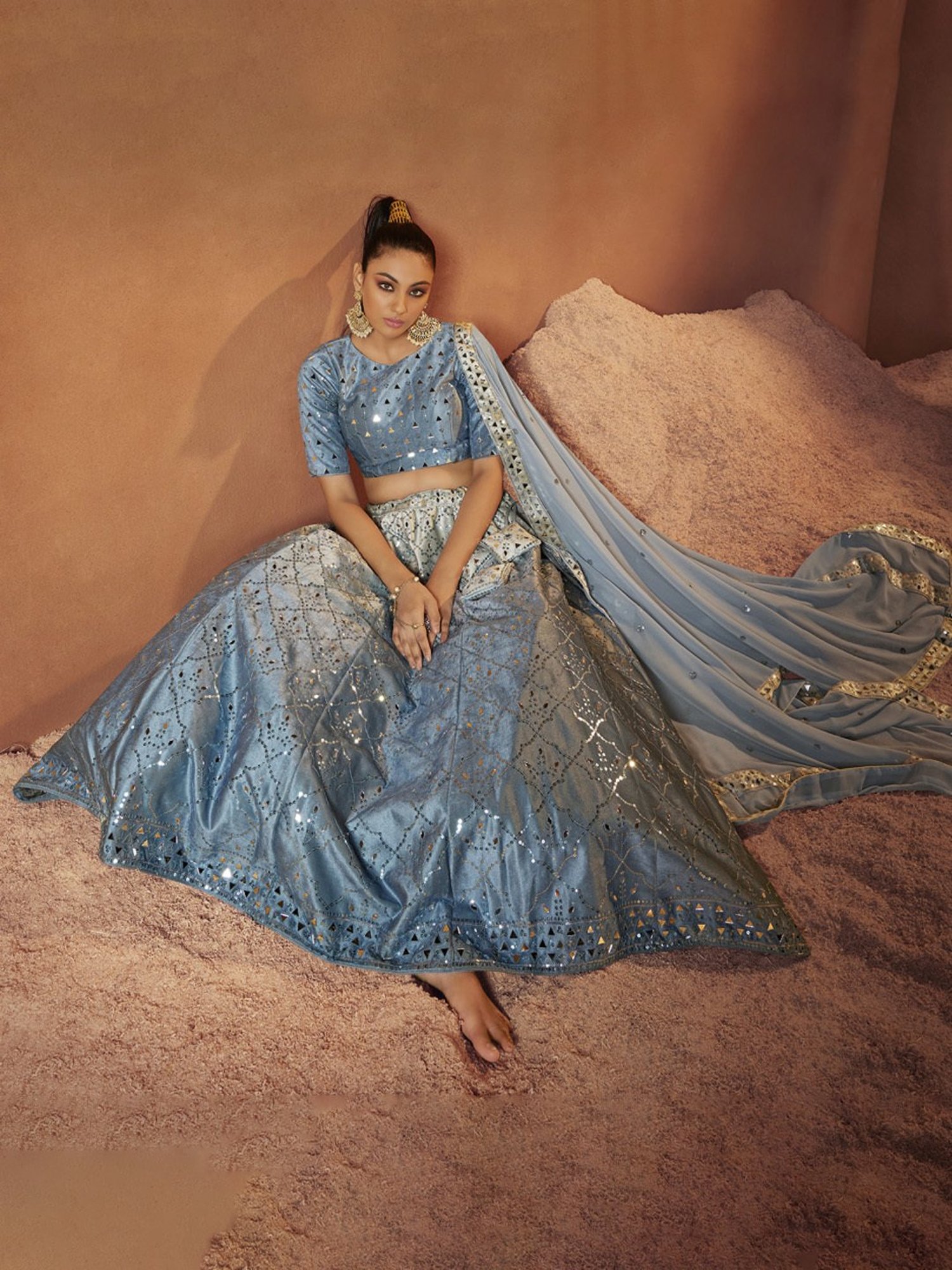 SHUBHKALA Blue Embellished Lehenga and Choli Set With Dupatta