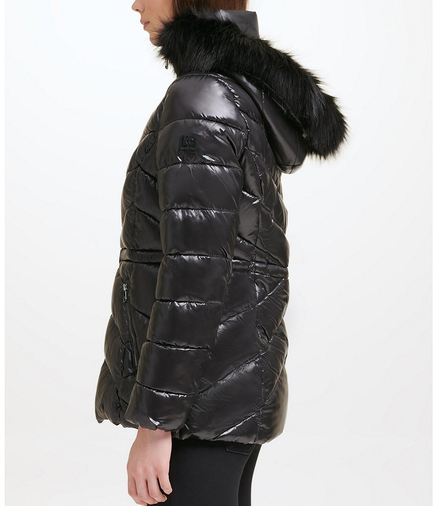 Kenneth Cole New York Water Resistant Faux Fur Trim Stand Collar Hooded Chevron Quilted Puffer Jacket