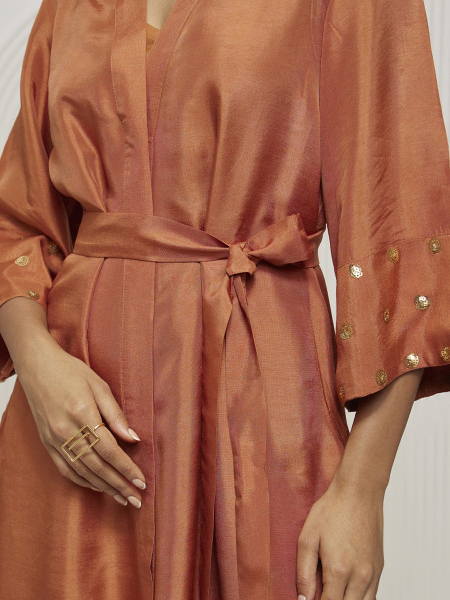 Artagai Gold Flame Shirt Dress with Tie-Up and Embellished Sleeve