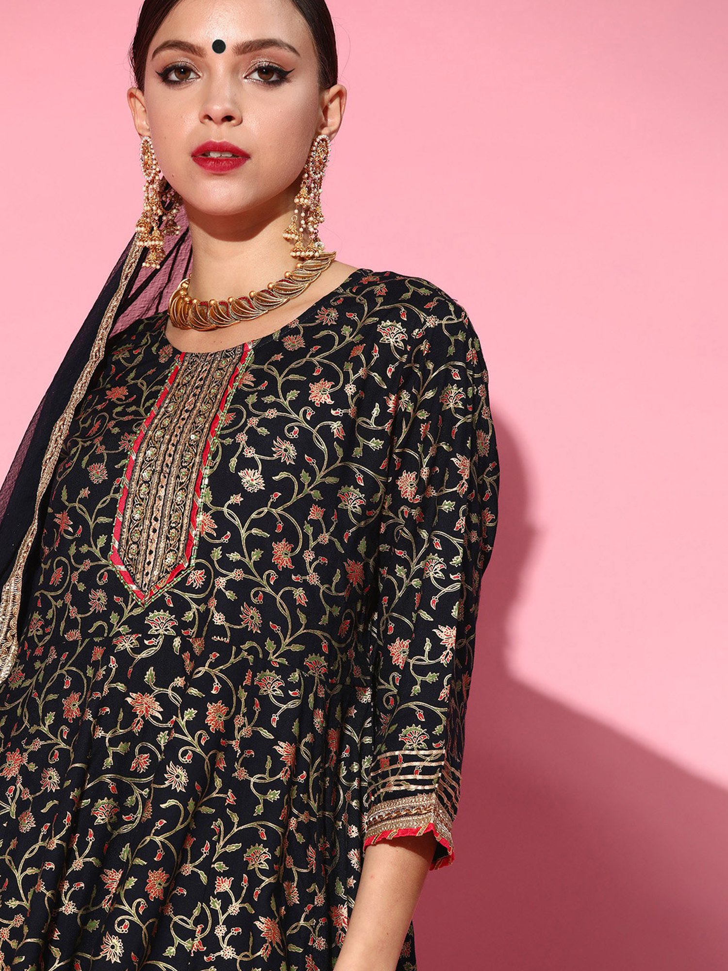 Ishin Navy Pure Cotton Embellished Kurta Sharara Set With Dupatta