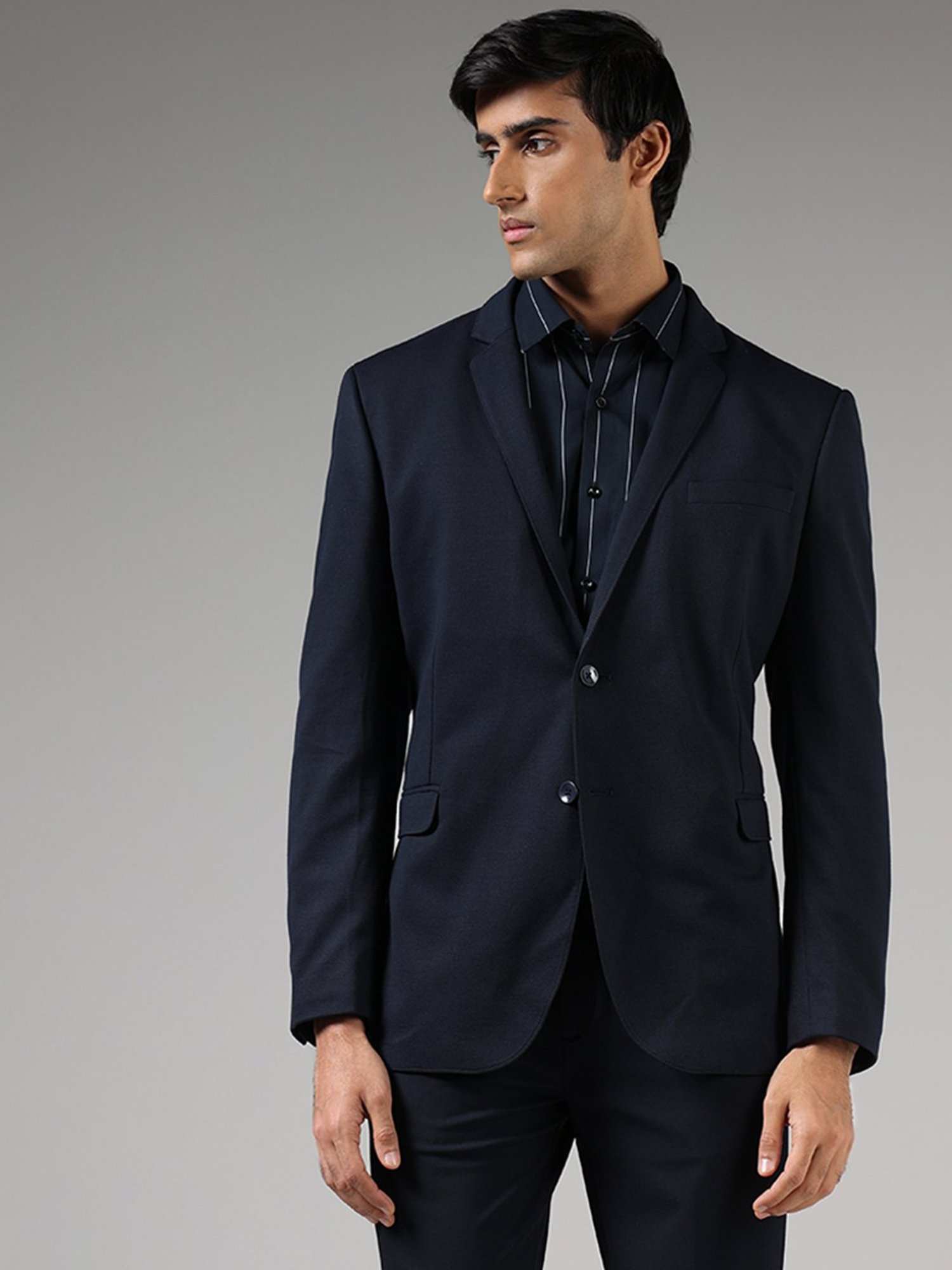 WES Formals by Westside Navy Blue Slim Fit Dobby Blazer