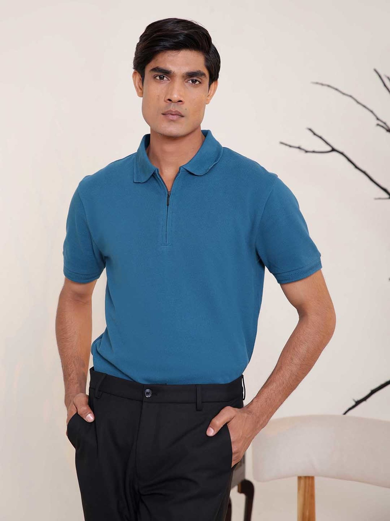 SUBTRACT Dark Teal Regular Fit Cotton Polo T-Shirt