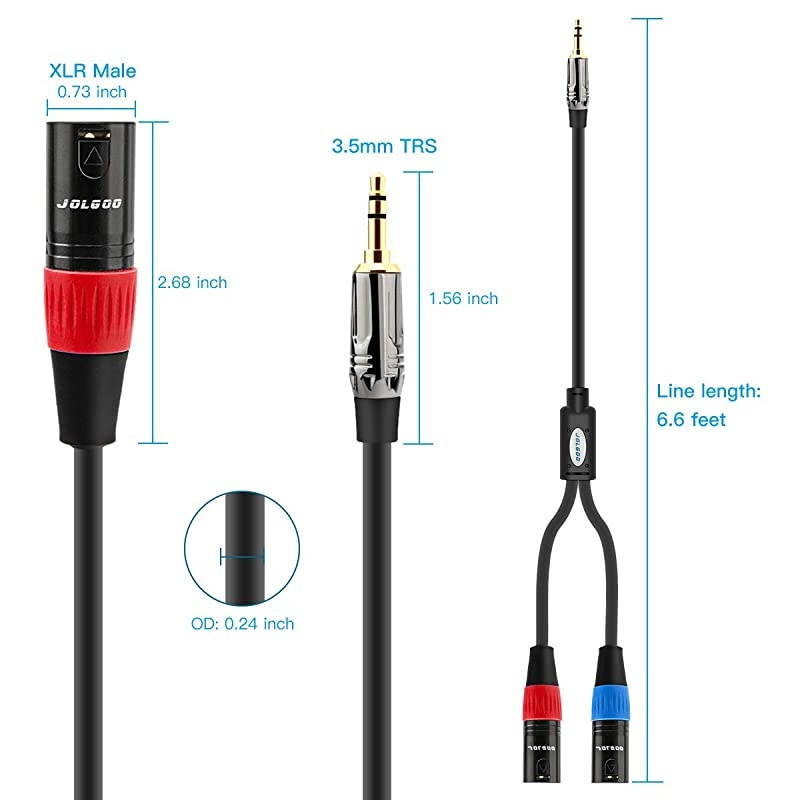 3.5 mm TRS to Dual XLR Male Pro Stereo Breakout Cable, 1/8" TRS Stereo to 2 XLR Male Y Splitter Patch Microphone Cable, 6.6 Feet -
